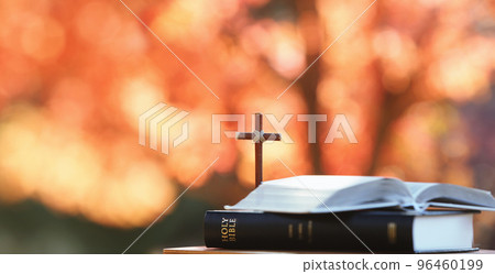 森林中的紅楓葉和秋樹，耶穌基督的聖十字架和桌上的聖經書 96460199