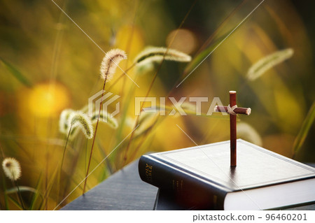 Yellow autumn field landscape with field grass and holy cross of Jesus Christ and bible book Yellow autumn field landscape with field grass and holy cross of Jesus Christ and bible book 96460201