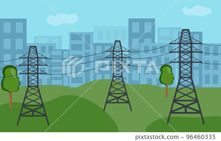 High voltage power line. energy supply. Metal frame poles support wires. City landscape with buildings. Flat design. Vector High voltage power line. energy supply. Metal frame poles support wires. City landscape with buildings. Flat design. Vector 96460335