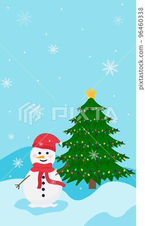 A cute cartoon snowman in a red hat and scarf stands near the fir tree. Winter vector illustration on a blue background with snow. A cute cartoon snowman in a red hat and scarf stands near the fir tree. Winter vector illustration on a blue background with snow. 96460338