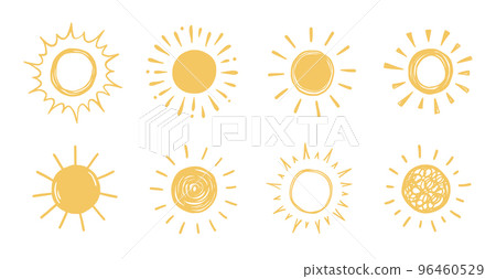 Doodle sun sketch illustration. Hand drawn cute orange sun set. Scribble doodle children drawn style. Vector 96460529