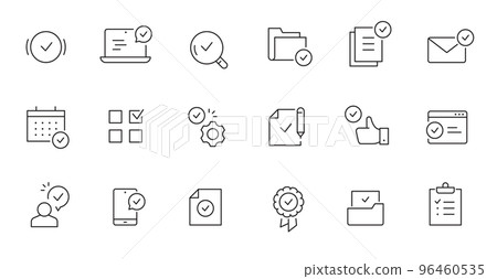 Check mark, quality control line icon. Approve sign, business quarantee mark outline editable stroke icon. Document confirm 96460535