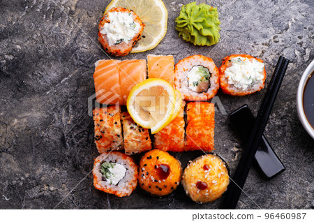 sushi roll set served at grey table. flat lay. close up sushi roll set served at grey table. flat lay. close up 96460987