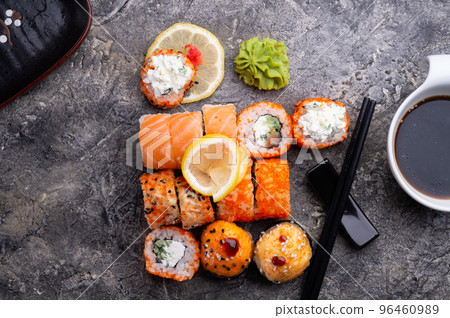 sushi roll set served at grey table. flat lay. close up sushi roll set served at grey table. flat lay. close up 96460989