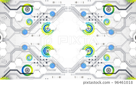 Abstract technology cogwheel concept. Circuit board, high computer color background. Vector illustration with space for content, web - template, business tech presentation. Abstract technology cogwheel concept. Circuit board, high computer color background. Vector illustration with space for content, web - template, business tech presentation. 96461018