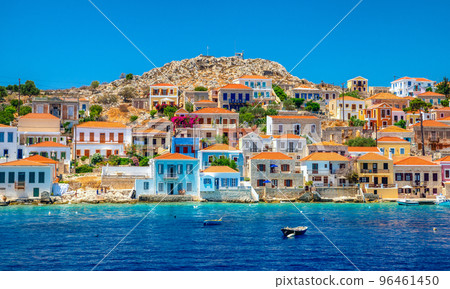 Colorful houses in picturesque small island Halki in Greece Colorful houses in picturesque small island Halki in Greece 96461450