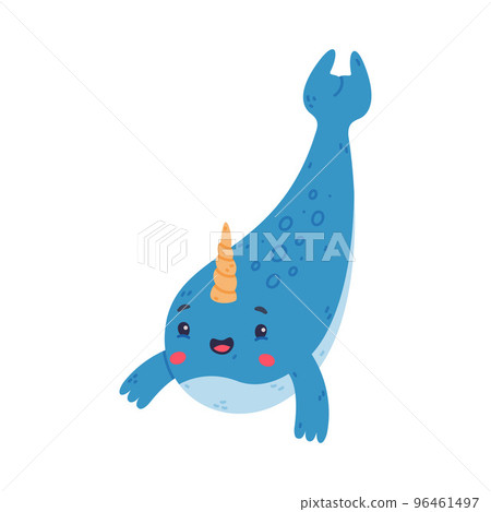 Cute happy baby narwhal. Swimming sea mammal animal cartoon character vector illustration 96461497