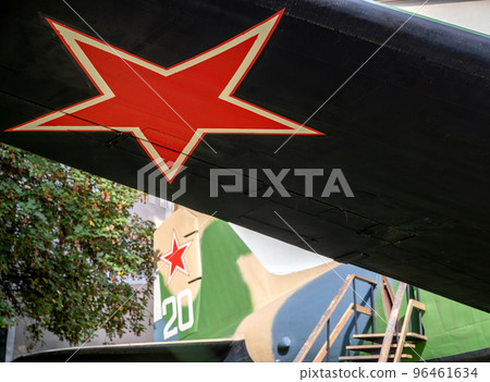 Soviet red of star on wing of old airplane from World War Two Soviet red of star on wing of old airplane from World War Two 96461634