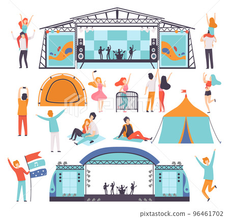 People at Musical Festival with Stage for Street Performance and Open Air Concert Big Vector Set People at Musical Festival with Stage for Street Performance and Open Air Concert Big Vector Set 96461702