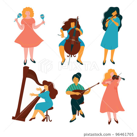 Woman Musician Playing Musical Instrument Performing on Stage Vector Set 96461705
