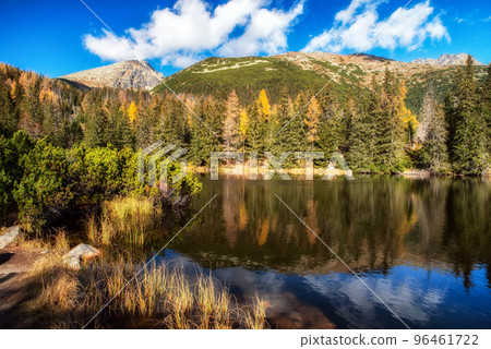 Mountain lake called Jamske pleso in autumn colors with peak Krivan at background. Slovakia 96461722