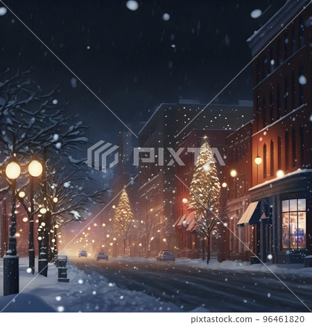 christmas night in snowy town street, neural network generated art 96461820