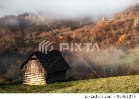 Old wooden shed in meadow with autumn forest background 96461879