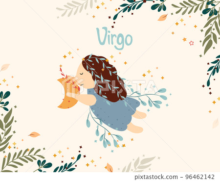 Virgo zodiac sign. Cute banner with The Virgo Holding the Moon, stars, flowers, and leaves. Astrological sign of the zodiac. Vector illustration 96462142