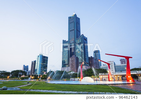 Beautiful park view of Singuang Ferry Wharf and 85 Sky Tower in Kaohsiung, Taiwan. here nearby the 22nd pier of Port of Kaohsiung.  96462143