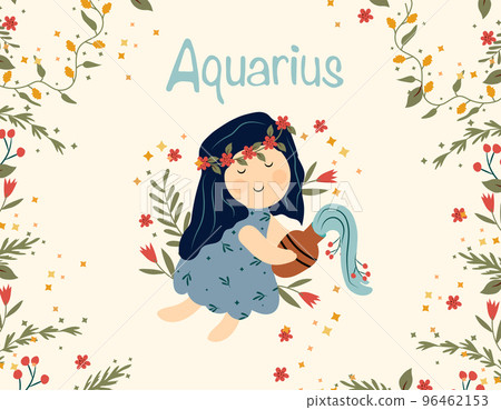 Aquarius zodiac sign. Cute banner with A girl holding a vase of water, stars, flowers, and leaves. Astrological Aquarius sign of the zodiac. Vector illustration 96462153