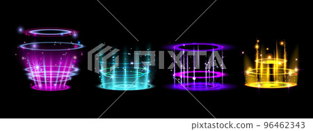 Glow portal set, vector game light hologram scene, magic neon circles, technology digital teleport 96462343