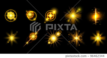 Lense flare set, vector golden optical light kit, camera sparkle stars effect isolated yellow glint Lense flare set, vector golden optical light kit, camera sparkle stars effect isolated yellow glint 96462344
