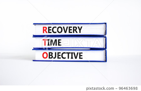 RTO recovery time objective symbol. Concept words RTO recovery time objective on books on a beautiful white background. Business and RTO recovery time objective concept. Copy space. 96463698