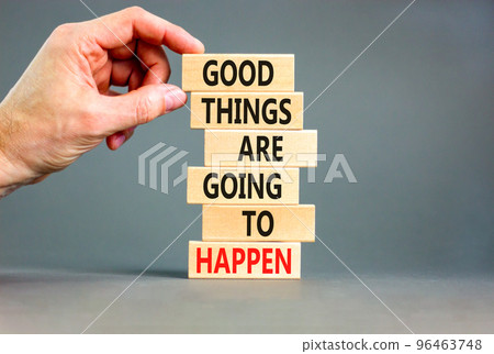 Good things happen symbol. Concept words Good things are going to happen on wooden blocks on a beautiful grey table grey background. Businessman hand. Business good things happen concept. Good things happen symbol. Concept words Good things are going to happen on wooden blocks on a beautiful grey table grey background. Businessman hand. Business good things happen concept. 96463748