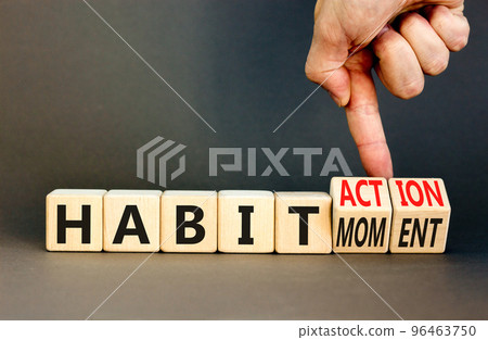 Habit action and moment symbol. Concept words Habit action Habit moment on wooden cubes. Businessman hand. Beautiful grey table grey background. Business habit action moment concept. Copy space. Habit action and moment symbol. Concept words Habit action Habit moment on wooden cubes. Businessman hand. Beautiful grey table grey background. Business habit action moment concept. Copy space. 96463750