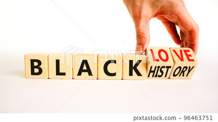 Black history and love symbol. Concept words Black history Black love on wooden cubes. Businessman hand. Beautiful white table white background. Black history and love concept. Copy space. Black history and love symbol. Concept words Black history Black love on wooden cubes. Businessman hand. Beautiful white table white background. Black history and love concept. Copy space. 96463751