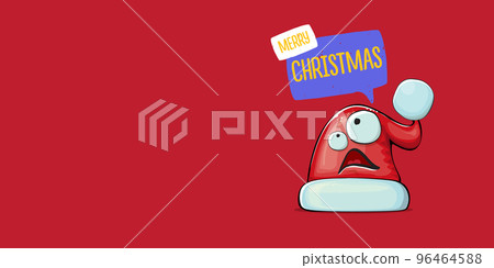 Vector cartoon Santa Claus red hat with smile face isolated on red horizontal bannner background. Merry Christmas greeting banner with funny monster Santa Claus hat. Santa hat Vector cartoon Santa Claus red hat with smile face isolated on red horizontal bannner background. Merry Christmas greeting banner with funny monster Santa Claus hat. Santa hat 96464588