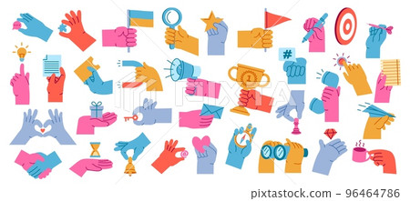 Cartoon hands holding objects. Colorful arms with flag, binocular and magnet. Hand gestures with megaphone, ticket and Idea light bulb vector set 96464786