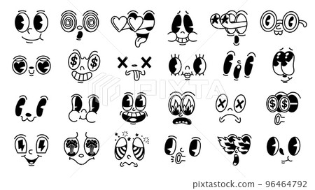 Retro 1930s facial expressions. Mascot faces for old animation characters, funny face with fire, heart and star shaped eyes vector set Retro 1930s facial expressions. Mascot faces for old animation characters, funny face with fire, heart and star shaped eyes vector set 96464792