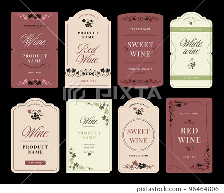 Floral wine bottle label. Winery sticker template with grapes vine, vertical vineyards frame for alcohol and elegant grape ornaments border vector set 96464806
