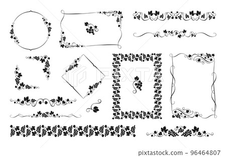 Retro grapes label elements. Grape vine divider, retro wine frame and vineyard border. Raisins vector set 96464807