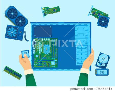 Computer assembly. Pc building, hardware repair or CPU upgrade. Personal computer components installation to case vector illustration 96464813