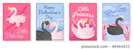 Swans posters. Elegant baby little princess and prince swans, valentines day card and beautiful bird with crown vector set Swans posters. Elegant baby little princess and prince swans, valentines day card and beautiful bird with crown vector set 96464835