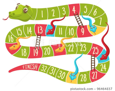 Snake and ladders game. Level grid board with cute color snakes for kids games, fun to play labyrinth vector Illustration Snake and ladders game. Level grid board with cute color snakes for kids games, fun to play labyrinth vector Illustration 96464837