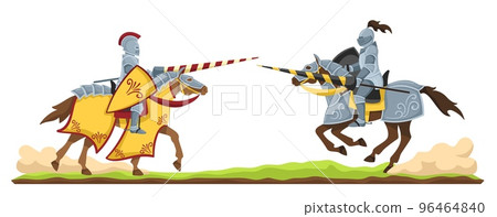 Knights tournament. Medieval knight in armor on horseback, chivalry horse battle with two opponents cartoon vector illustration Knights tournament. Medieval knight in armor on horseback, chivalry horse battle with two opponents cartoon vector illustration 96464840