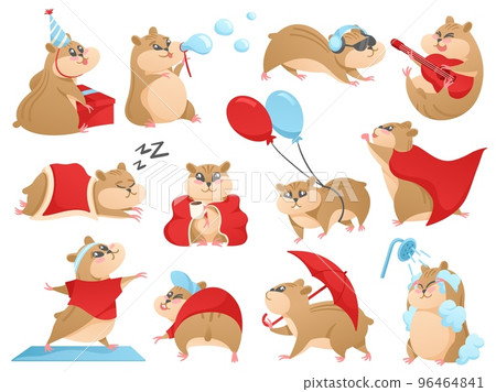 Cartoon hamster character. Cute pet mascot play guitar, sleep and do fitness. Listen music, washes in shower and walking with umbrella vector set 96464841