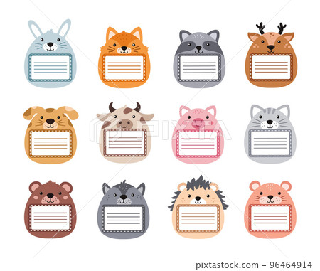 Animal notebooks labels. Cute pastel scrapbook tag sticker, notebook owner name frame with pet face and tag border vector set Animal notebooks labels. Cute pastel scrapbook tag sticker, notebook owner name frame with pet face and tag border vector set 96464914