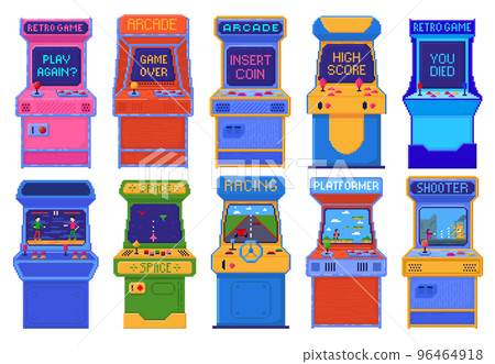 Pixel art arcade game machines. Old 8 bit gaming console different games and play again, high score and you died screens vector set 96464918