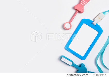 Banner with dental mirror and toothbrush. Mockup. Oral hygiene and checkup, stomatology concept. Copy space. Children game at dentist 96464954
