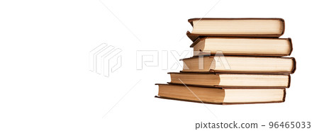 Banner with books stack in brown cover isolated on white background. Classic literature, novel volumes. Knowledge, wisdom, learning concept. Copy space Banner with books stack in brown cover isolated on white background. Classic literature, novel volumes. Knowledge, wisdom, learning concept. Copy space 96465033