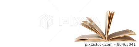 Banner with open book isolated on white background. Turning pages. Novel, memoire, bibliography, cookbook, encyclopedia. Space for text. 96465041