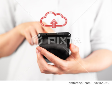 Woman holding phone for illegal file download. Online piracy concept. Unlicensed software programs, unauthorized application using. Mobile malware 96465059
