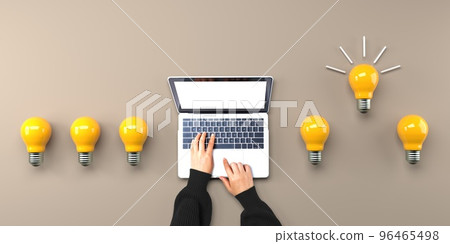 Idea light bulbs with person using a laptop computer Idea light bulbs with person using a laptop computer 96465498
