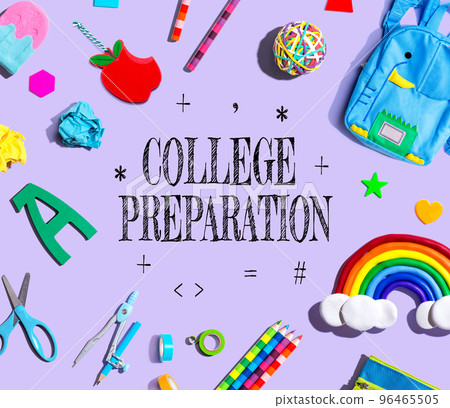 College Preparation theme with school supplies on a purple background College Preparation theme with school supplies on a purple background 96465505