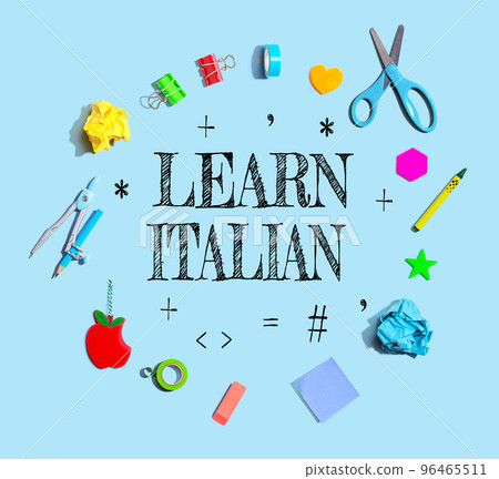 Learn Italian theme with school supplies - flat lay Learn Italian theme with school supplies - flat lay 96465511