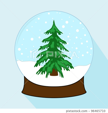 Christmas decoration, crystal ball. Christmas snowball with Christmas tree and snowflakes. Holiday symbol isolated on blue background in flat design. Colorful cartoon illustration. Vector 96465710