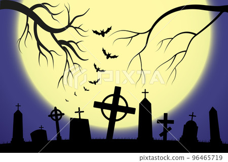 Halloween scary graveyard background with trees, crosses and bats. Halloween. Silhouette of a tombstone. Printed labels and decorations for office, crafts, template. Vector Halloween scary graveyard background with trees, crosses and bats. Halloween. Silhouette of a tombstone. Printed labels and decorations for office, crafts, template. Vector 96465719