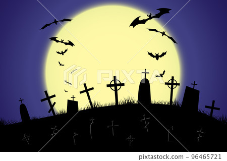 Halloween scary graveyard background with trees, crosses and bats. Halloween. Silhouette of a tombstone. Printed labels and decorations for office, crafts, template. Vector 96465721