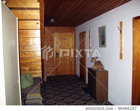 interior of village hunting house,walls are covered with boards, stuffed roe deer, Austria interior of village hunting house,walls are covered with boards, stuffed roe deer, Austria 96466167