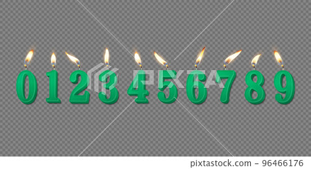 Vector 3d Realistic Paraffin or Wax Burning Green Birthday Party Candles, Numbers and Different Flame of a Candle Icon Set Isolated. Design Template, Clipart, Birthday Concept. Top View Vector 3d Realistic Paraffin or Wax Burning Green Birthday Party Candles, Numbers and Different Flame of a Candle Icon Set Isolated. Design Template, Clipart, Birthday Concept. Top View 96466176